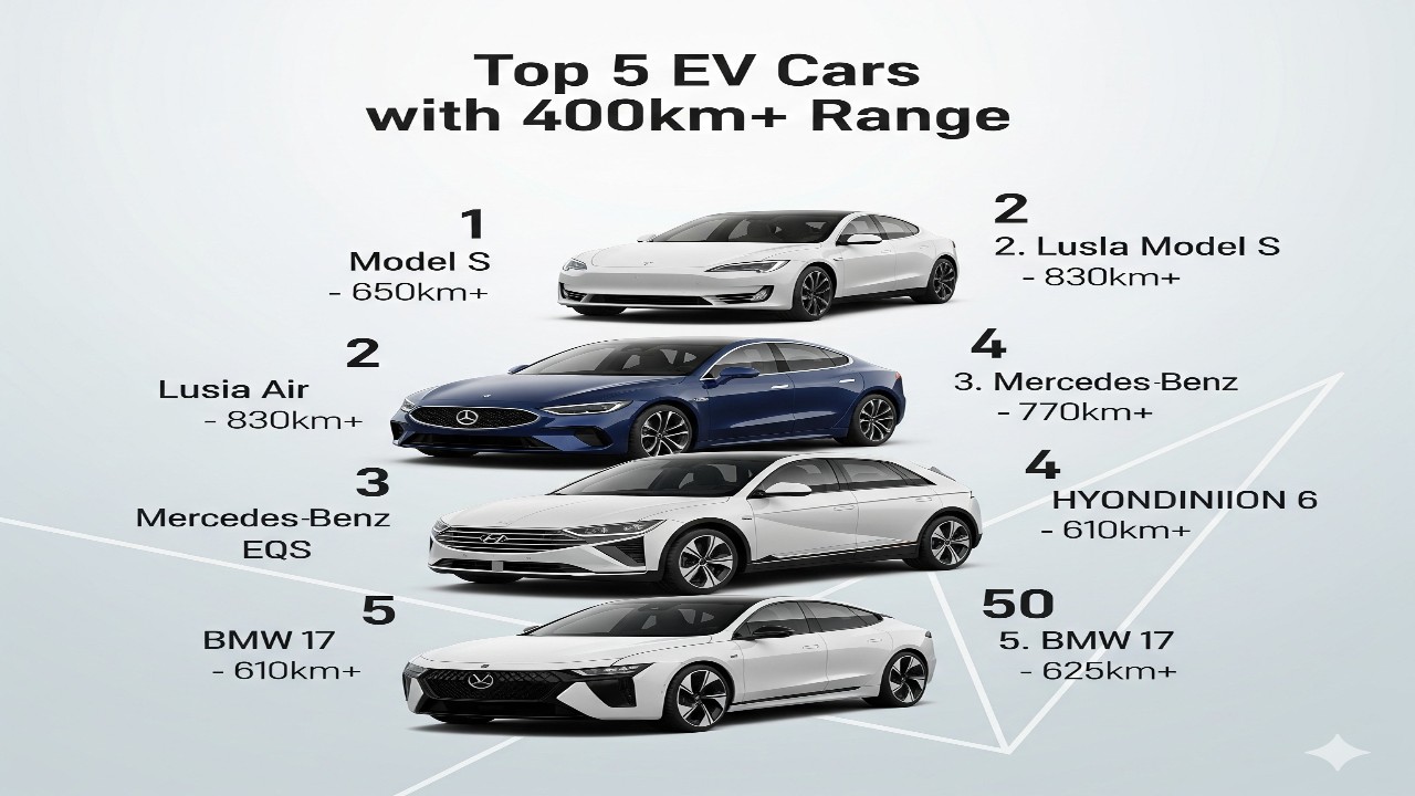 टॉप 5 इलेक्ट्रिक कारें जिनकी रेंज 400km+ है l Top 5 EV Cars with 400km+ Range