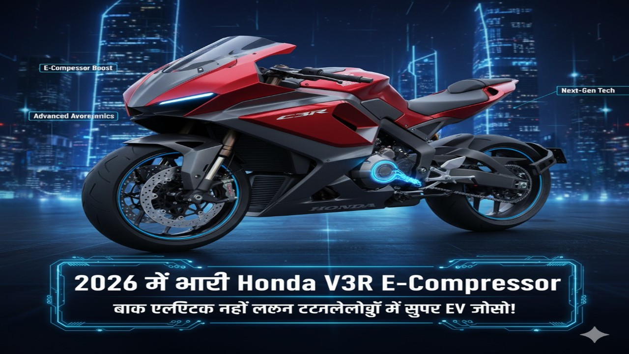 2026 में आ रही Honda V3R E-Compressor – बाइक इलेक्ट्रिक नहीं लेकिन टेक्नोलॉजी में सुपर EV जैसी!”