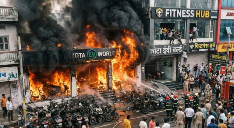 कोटा में EV शोरूम में भीषण आग: 50+ इलेक्ट्रिक बाइक-स्कूटर जलकर राख — जिम में लोग दिख गए भागते हुए”