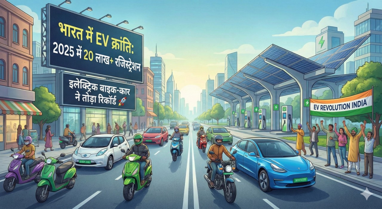 भारत में EV क्रांति: 2025 में 20 लाख+ रजिस्ट्रेशन, इलेक्ट्रिक बाइक-कार ने तोड़ा रिकॉर्ड 🚀