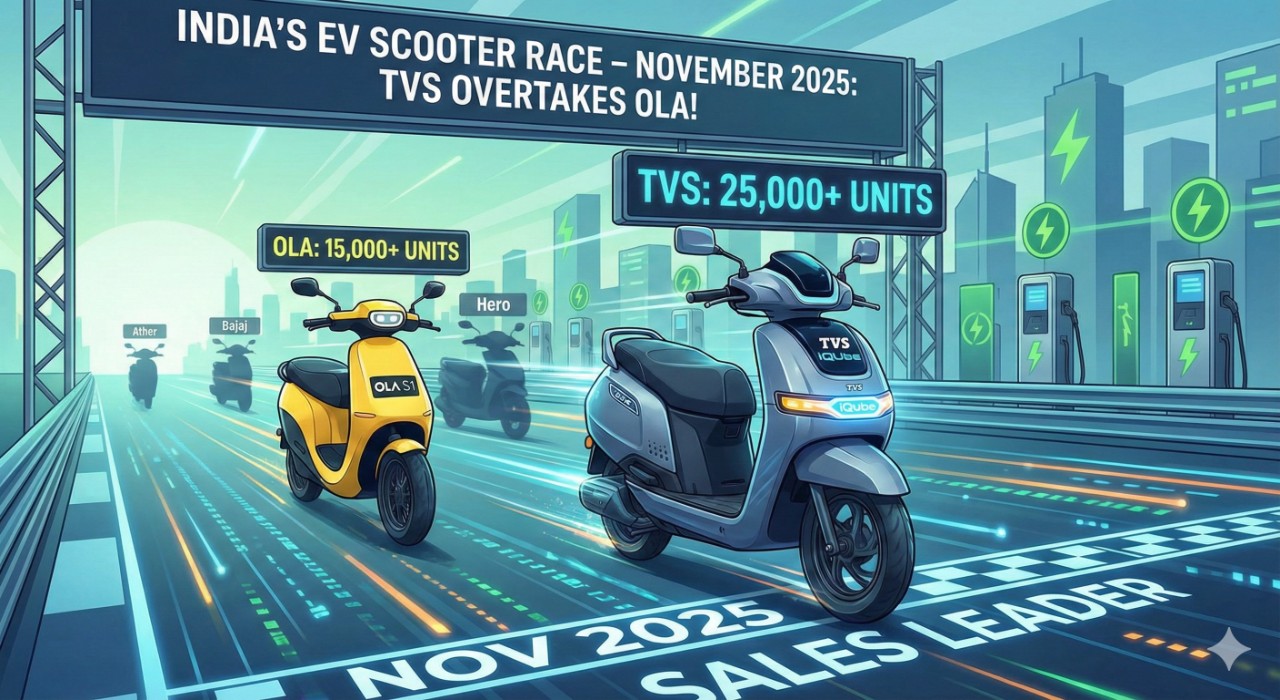 “नवंबर 2025 में EV स्कूटरों की रेस में बदलाव — TVS आगे, Ola पीछे; जानिए कौन कितनी ई-स्कूटरें बेच पाया!”